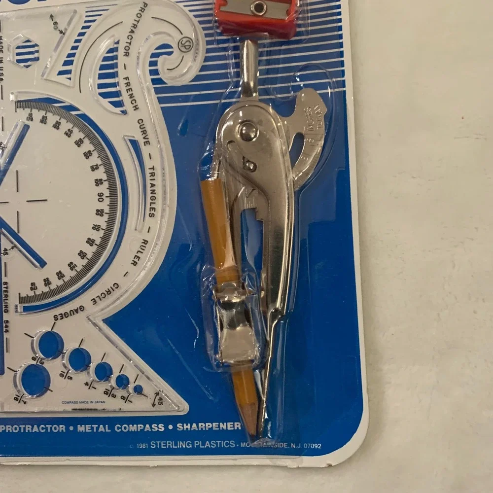 Sterling School‎ Kit 7 in 1 Protractor Metal Compass Sharpener New Vintage NOS